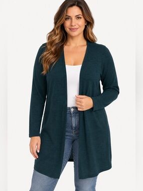 August Mist Dark Green Long Open Front Cardigan Duster 1X Lightweight Stretch